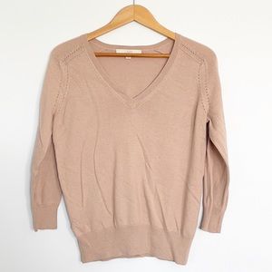 LOFT Pointelle Stitched V-Neck Tan Sweater